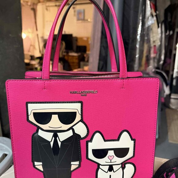 Karl Lagerfeld pink double-handled./ crossbody handbag with likeness charicature - Picture 2 of 10